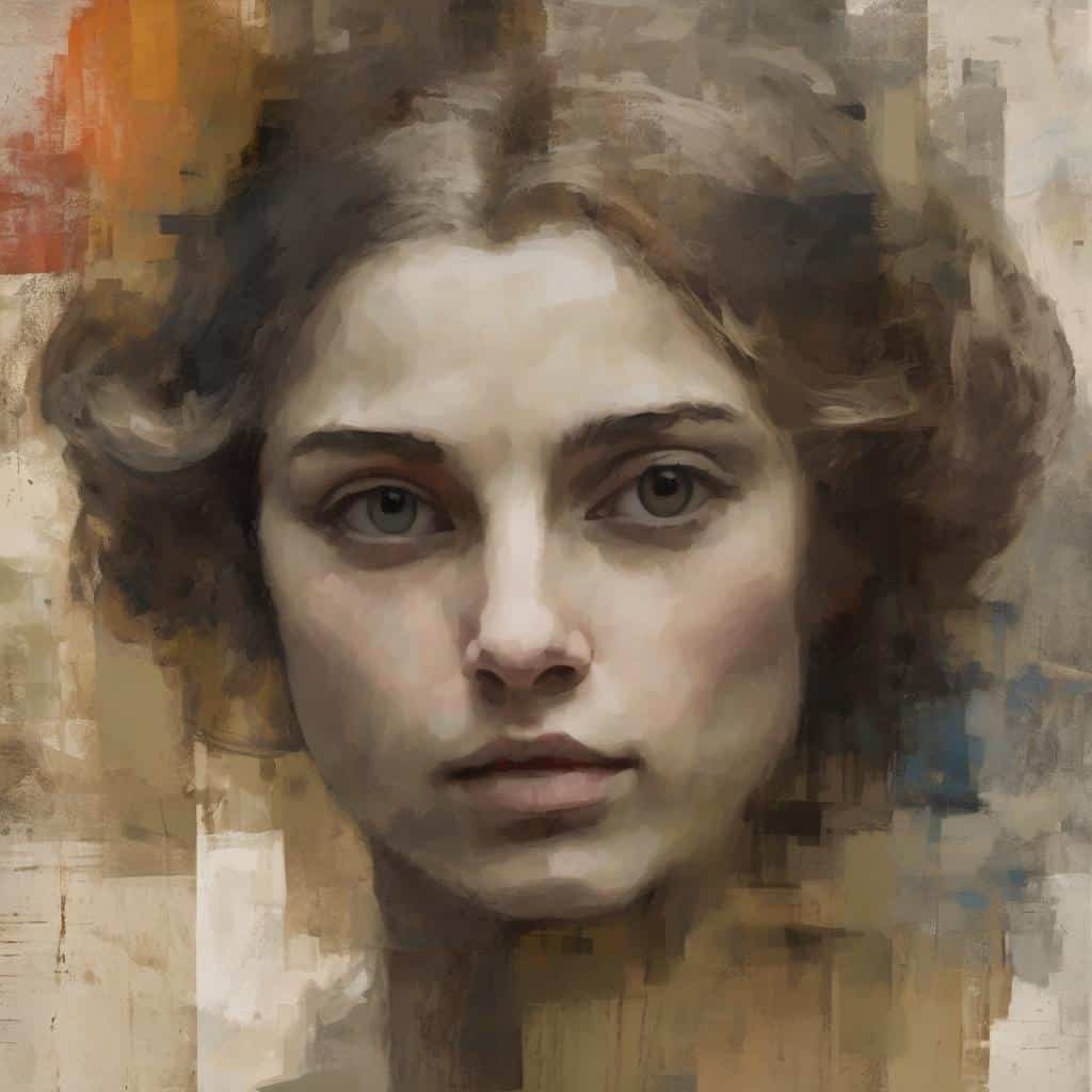 Γυναίκα με γκρίζα μάτια και μακριά μαλλιά, πορτρέτο σε αφαιρετικό στυλ, ανατολική φιλοσοφία και τέχνη λιτότητας.